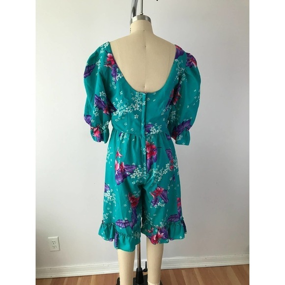 70s Hawaiian Floral Jumpsuit Mod Blue Maxi Romper Tropical Teal - Picture 8 of 10